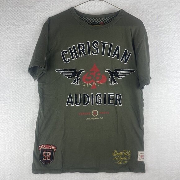 Christian Audigier Shirt Mens Medium Y2K Patch Bling Moto Tattoo Hip Hop Bling M - Picture 1 of 10